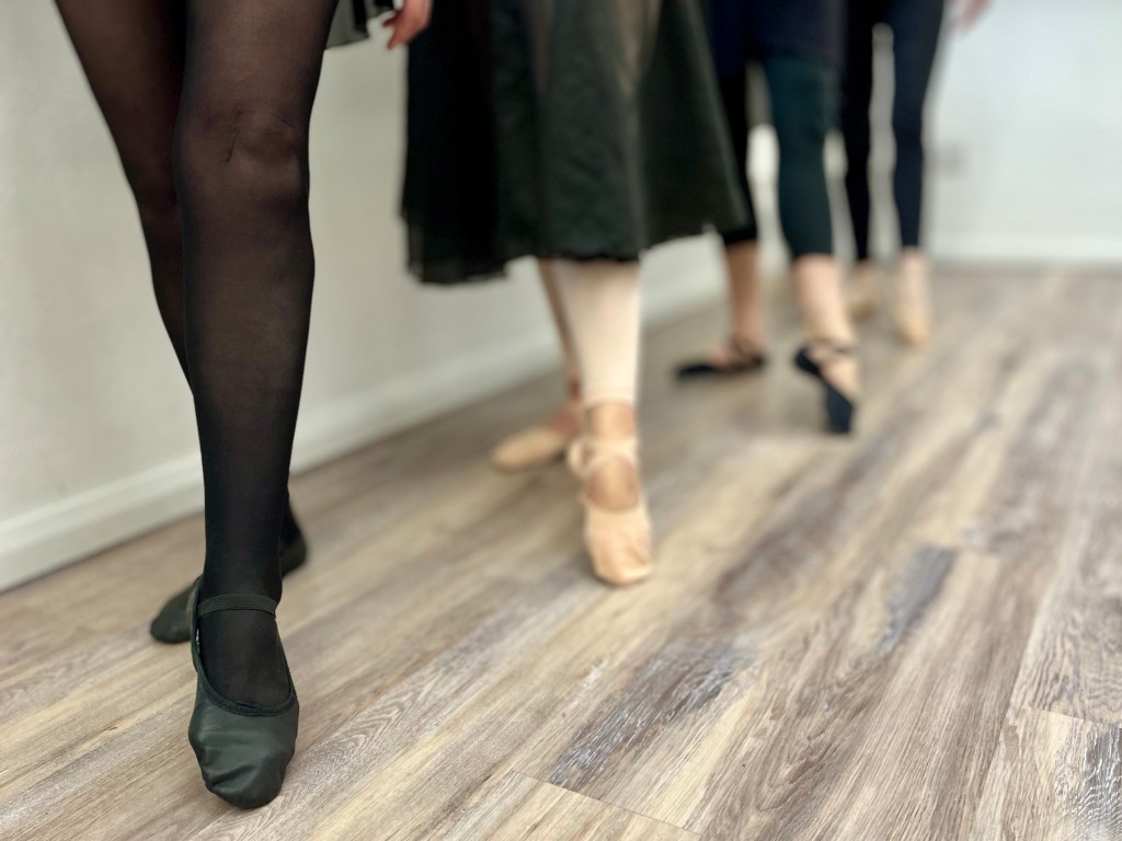 A line of ballet dancers feet in tendu devant position